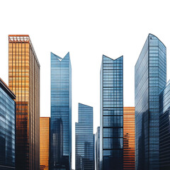 Obraz premium Modern skyscrapers architecture. Cool blues and grays buildings, steel and concrete construction, isolated on transparent background. Urban cityscape for corporate design.