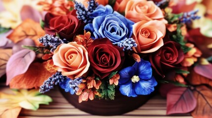A beautifully crafted floral arrangement features deep burgundy and soft blue roses surrounded by bright seasonal flowers and lush greenery, perfect for any elegant setting