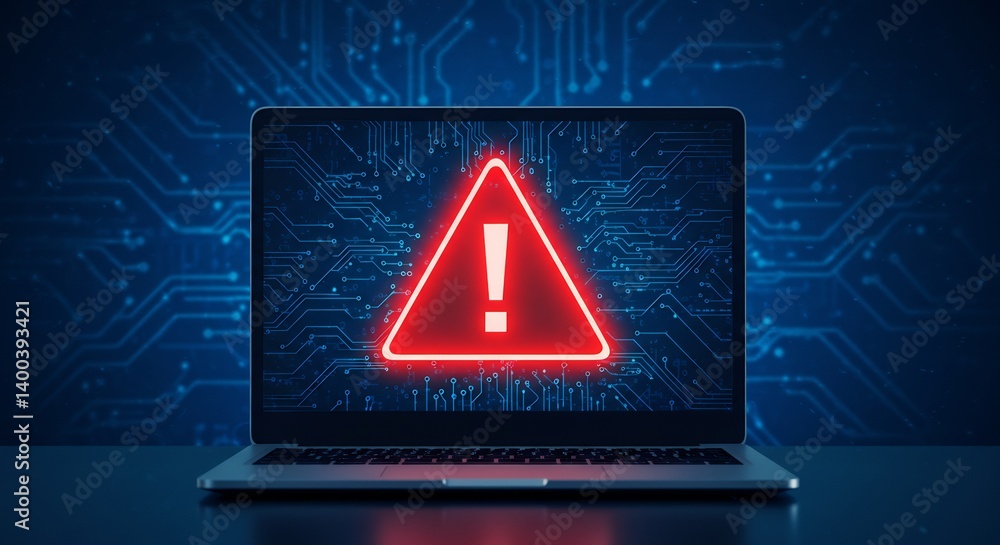 Poster a laptop displaying a red exclamation mark inside of a red triangle