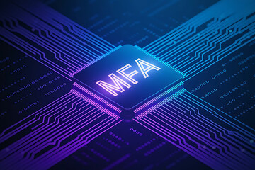 MFA Technology – Multi-Factor Authentication Chip on a Futuristic Blue Circuit Board, cloud computing concept, cloud technology, Saas, Paas, Iaas. AWS Service, OTP security, secure login	