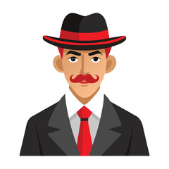 Cartoon man in a suit with red mustache tie and black hat on white background