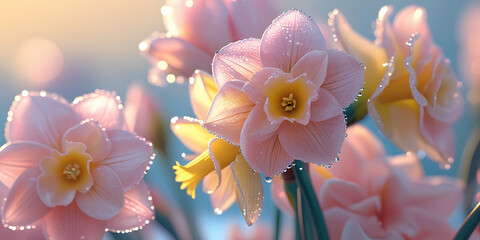 Close-up of soft pink daffodils with yellow centers and dew drops against a pastel background