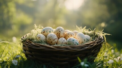 Fototapeta premium Rustic wicker basket holding Easter eggs, each uniquely decorated, set in sunlit grass field outdoors