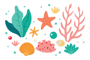 Cartoon Sea Life With Starfish Coral Shells And Seaweed On White