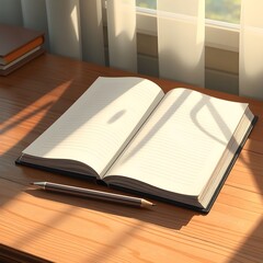 An open anime notebook on a wooden desk, with falling afternoon light and a pencil resting beside it.