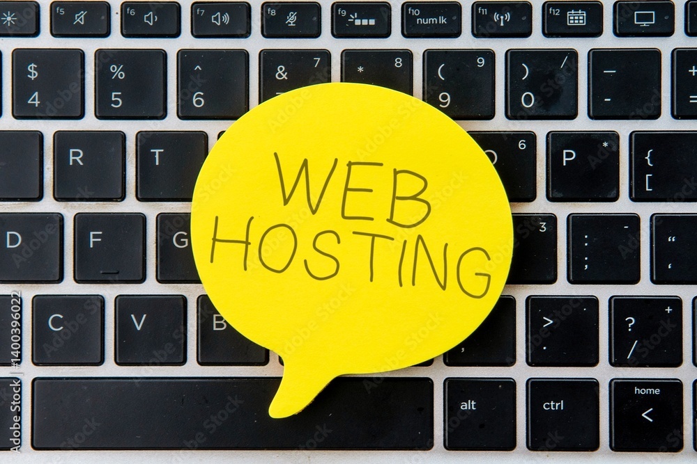 Wall mural yellow speech bubble on top of laptop keyboard with text web hosting. business and technology concep