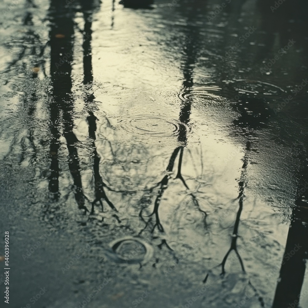 Poster serene reflection of trees in a rain puddle creating a moody and atmospheric scene with water ripple