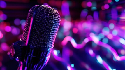 Close-up of a vintage microphone against a vibrant, blurred neon light background.