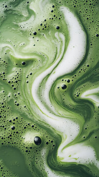 Frothy matcha latte with its signature vibrant green color and delicate swirling foam patterns, a macro and full-frame texture shot, close-up texture, top view