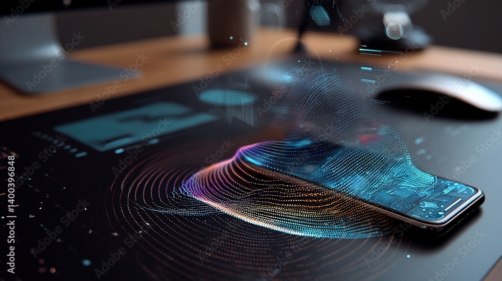 Aufkleber futuristic holographic display on desktop with smartphone interaction