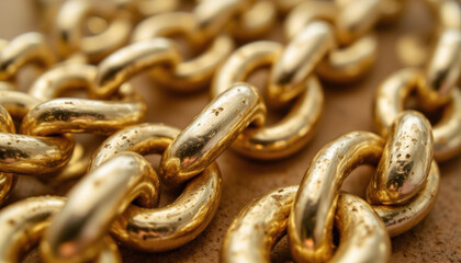 Close up of gold chain links showcasing their shiny surface and intricate design, evoking sense of luxury and elegance