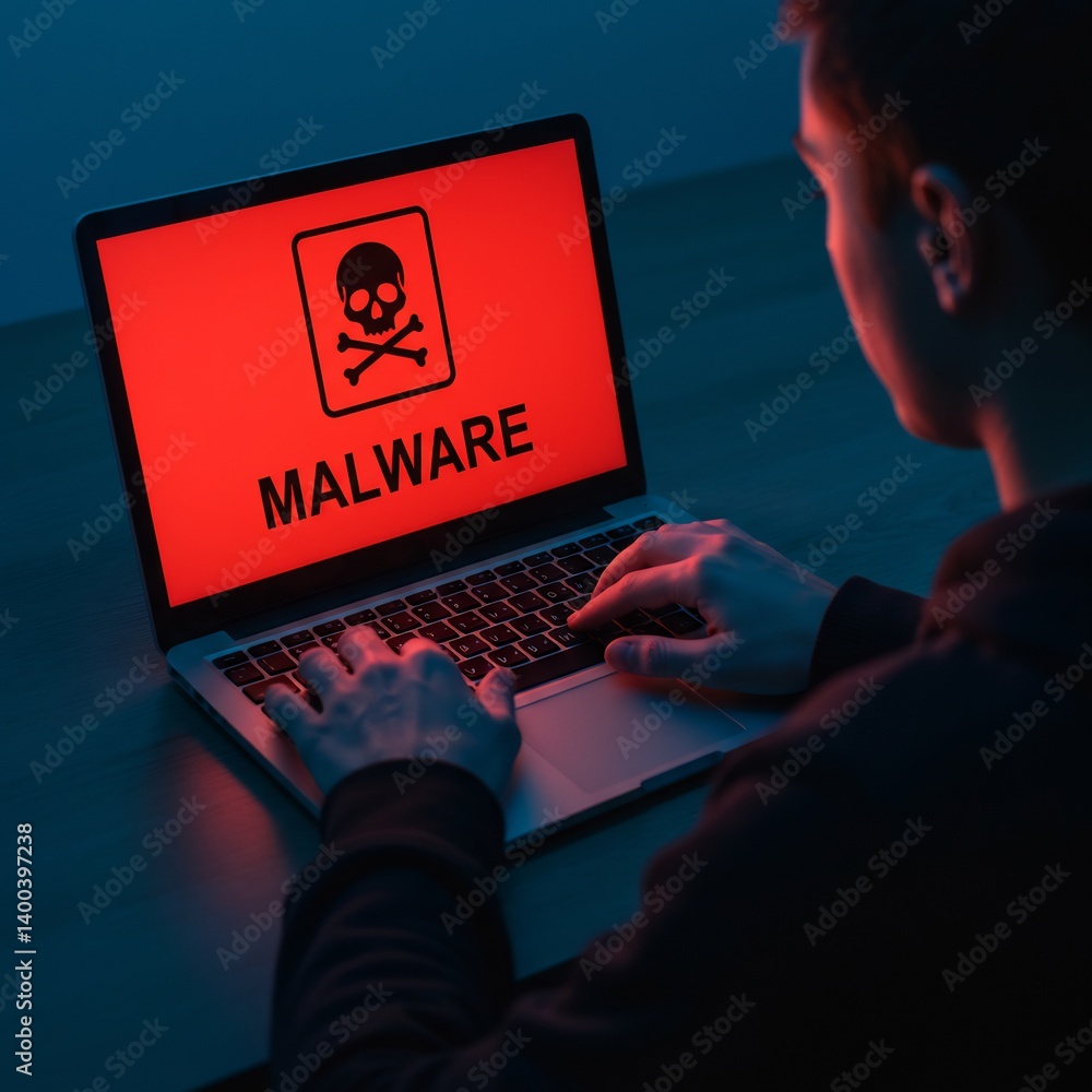 Poster a person working on the computer, with a malware warning on the screen. the scene conveys a sense of
