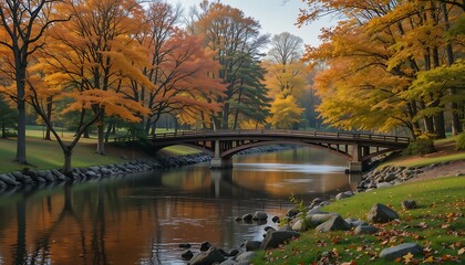 Serene Autumn Bridge: Golden Leaves & Calm Waterscape