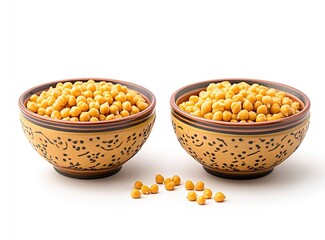 Roasted garlicky chickpeas in two bowls on a white background, front view. An Indian traditional snack for the Holi festival. Katori, thali, and lamen bowls with sun-dried yellow floral legumes. 
