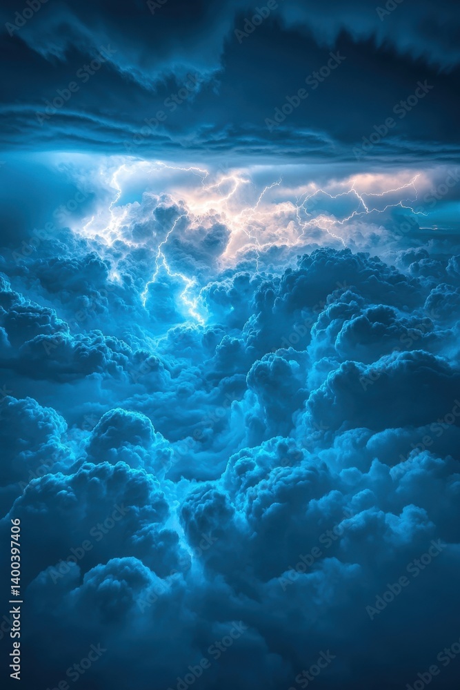 Poster dramatic aerial view of a thunderstorm with lightning striking through dense blue clouds creating an