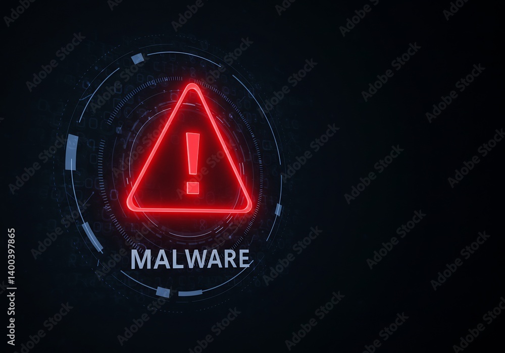 Poster warning sign of malware is glowing with high-tech background