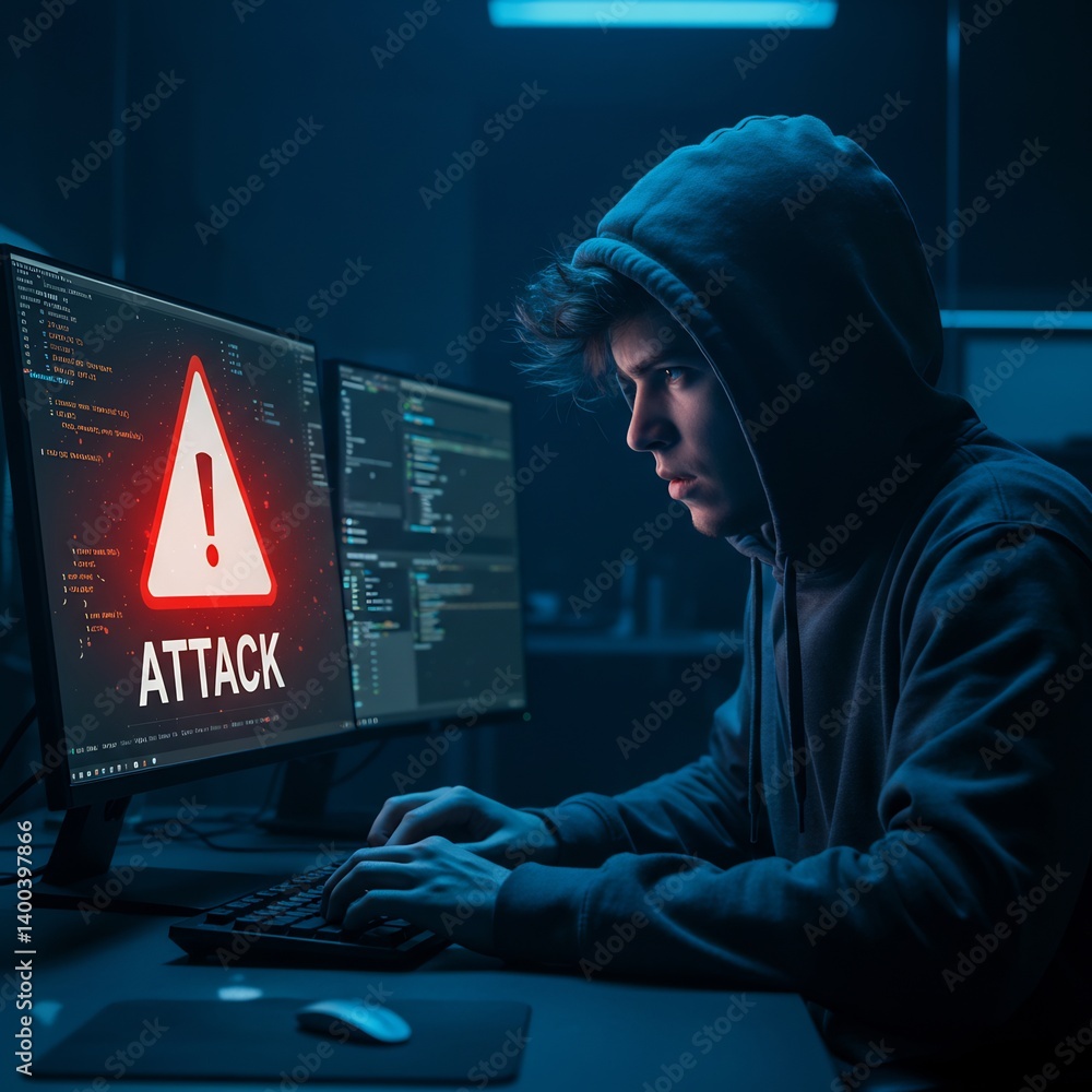 Poster a hooded individual deeply concentrated at a computer, facing an 