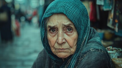 Elderly woman, weathered face,  market scene