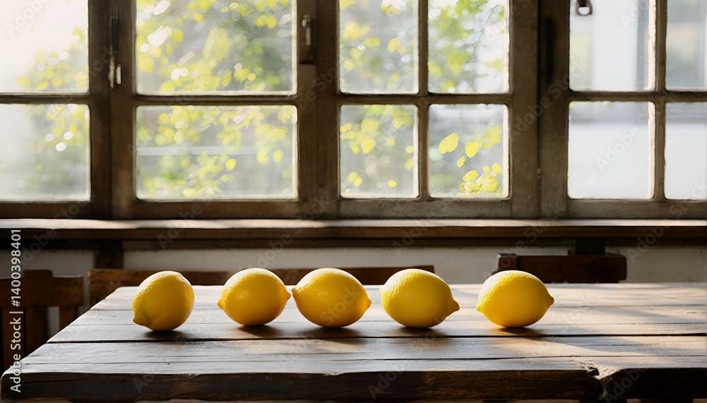 Poster a row of bright yellow lemons sits on a rustic wooden windowsill bathed in soft light from a multi-p