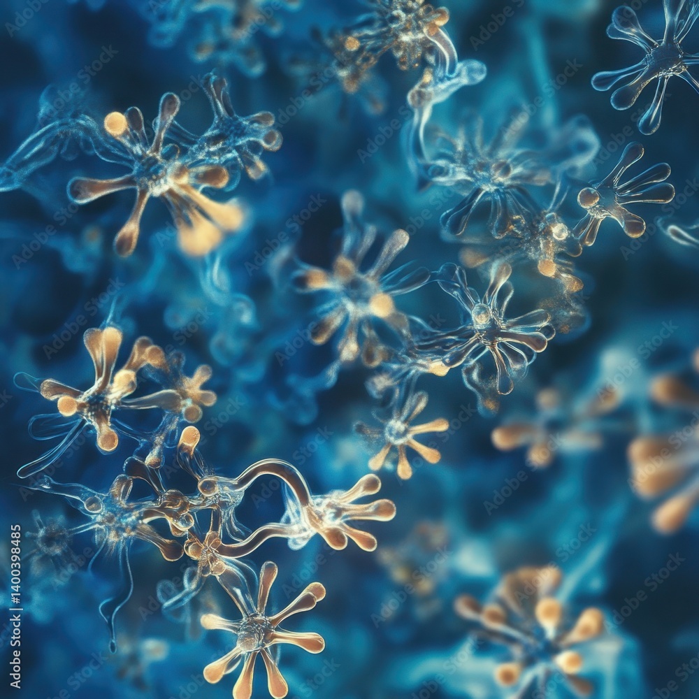 Poster abstract microscopic view of molecular structures with blue background and golden accents for scienc