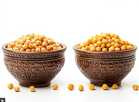 Roasted garlicky chickpeas in two bowls on a white background, front view. An Indian traditional snack for the Holi festival. Katori, thali, and lamen bowls with sun-dried yellow floral legumes. 