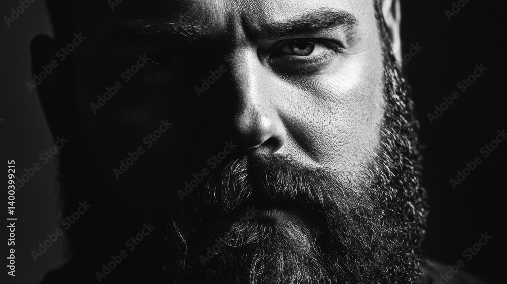 Poster high-contrast black and white portrait of a man with a thick beard in a studio setting featuring dra