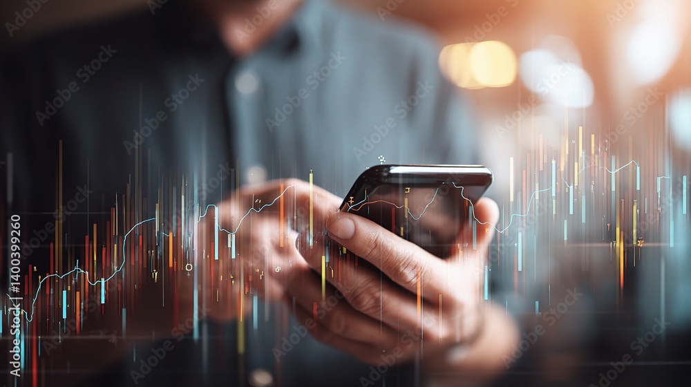 Poster double exposure of hands holding smartphone with data visualizations