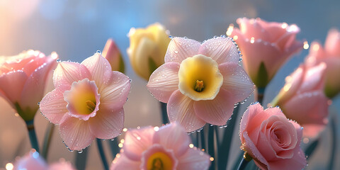 Close-up of delicate pink and yellow flowers with dew drops and soft blurred background