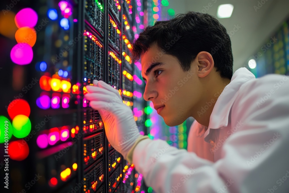 Poster surrounded by rows of server racks in a modern data center, a technician is engaged in working on ne