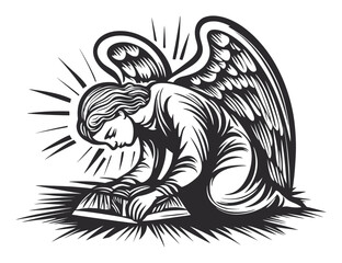 Angel Kneeling Over Open Book in Intricate Woodcut Design