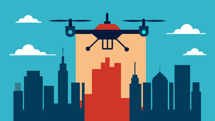 Naklejka premium City Skyline Monitoring A drone hovering above a stylized city skyline with a camera focused downwards capturing images of the roads and buildings below.