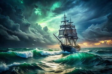 Fototapeta premium Majestic Ship in Turbulent Waters - Ominous Glow Long Exposure Photography