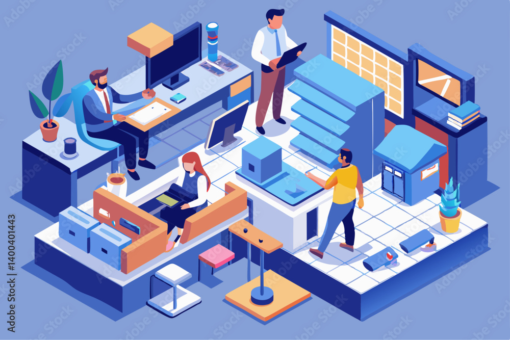 Aufkleber isometric vector of architecture firm office with people working on cad software and blueprints
