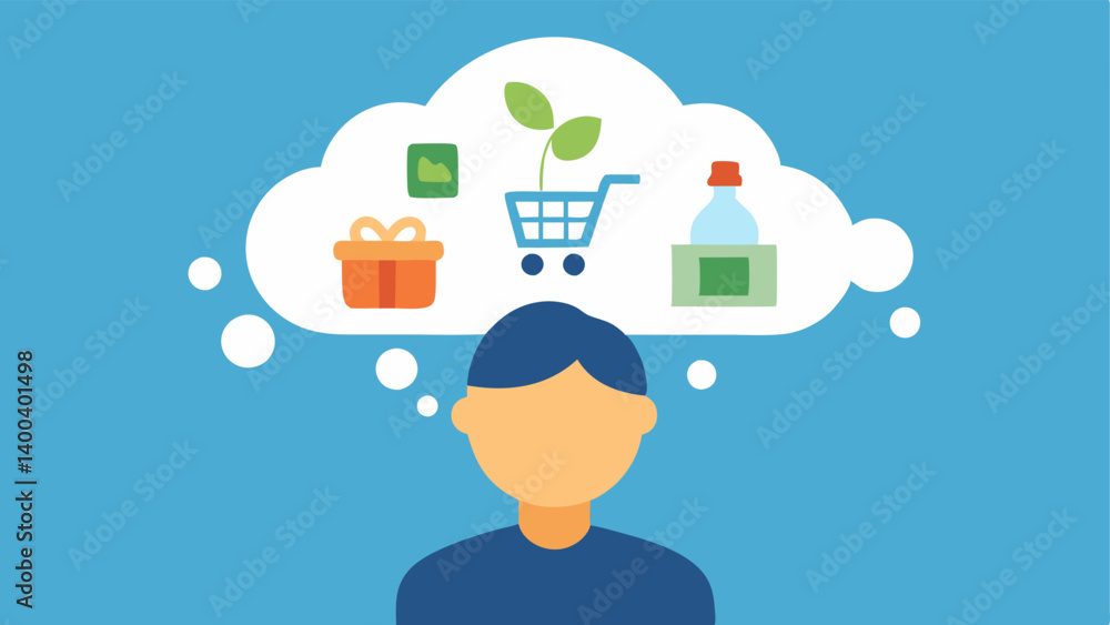 Poster mindful choices a thought bubble above a persons head filled with icons of sustainable items while c