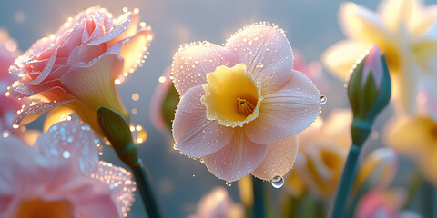 Close-up of delicate pink and yellow flowers with dew drops and soft blurred background
