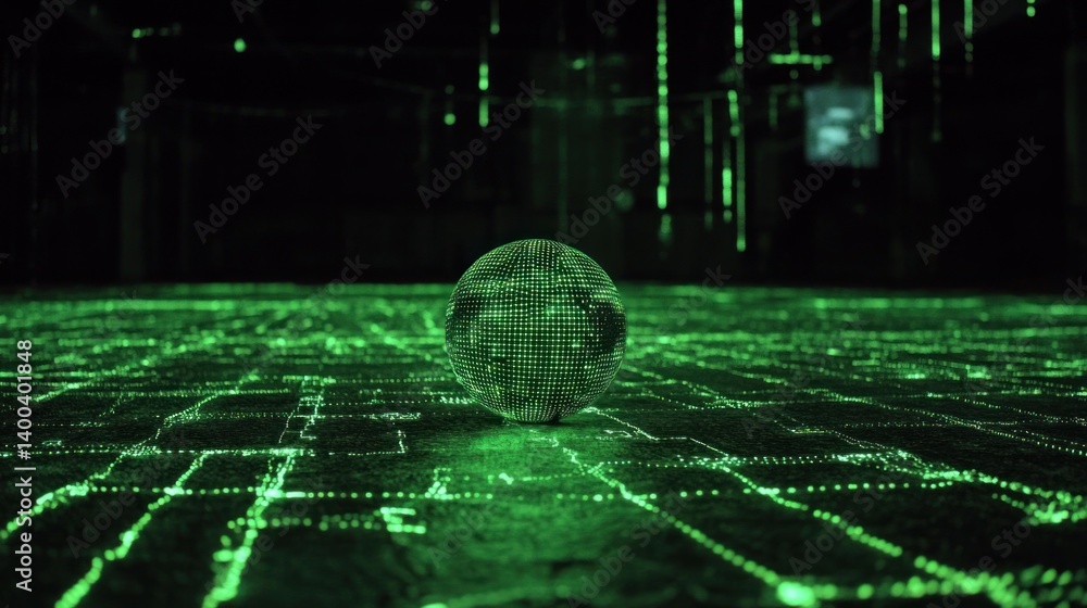 Poster a glowing green digital sphere rests on a network of illuminated pathways.