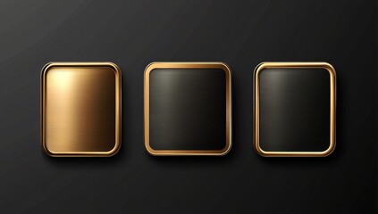 Three  gold-framed  rectangular  metal  plates  in  bronze, black, and dark grey