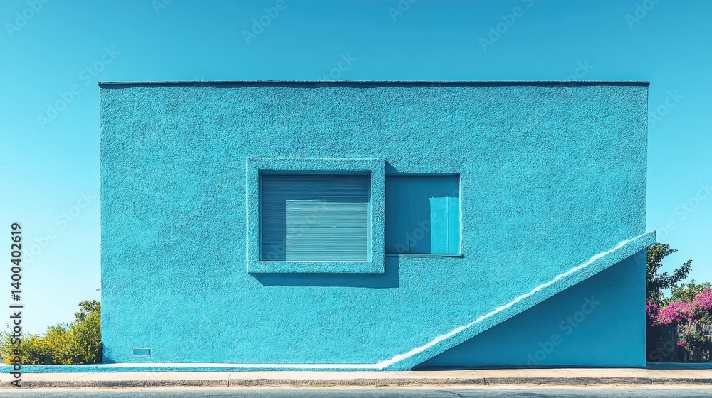 Poster modern architectural structures in vibrant colors against a clear blue sky during the daytime showca