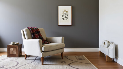 A living room blends mid century modern design with wabi sabi principles. The centerpiece is an ergonomic armchair upholstered in a durable, subtly patterned fabric