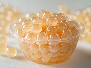Translucent golden popping boba pearls fill a clear plastic cup, glistening in soft light and ready for bubble tea or desserts.
