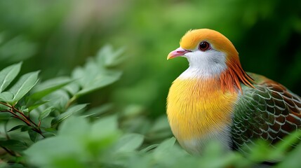 Beautiful Colorful Bird Perched on Green Leaves with a Soft Focus Background in Nature Setting