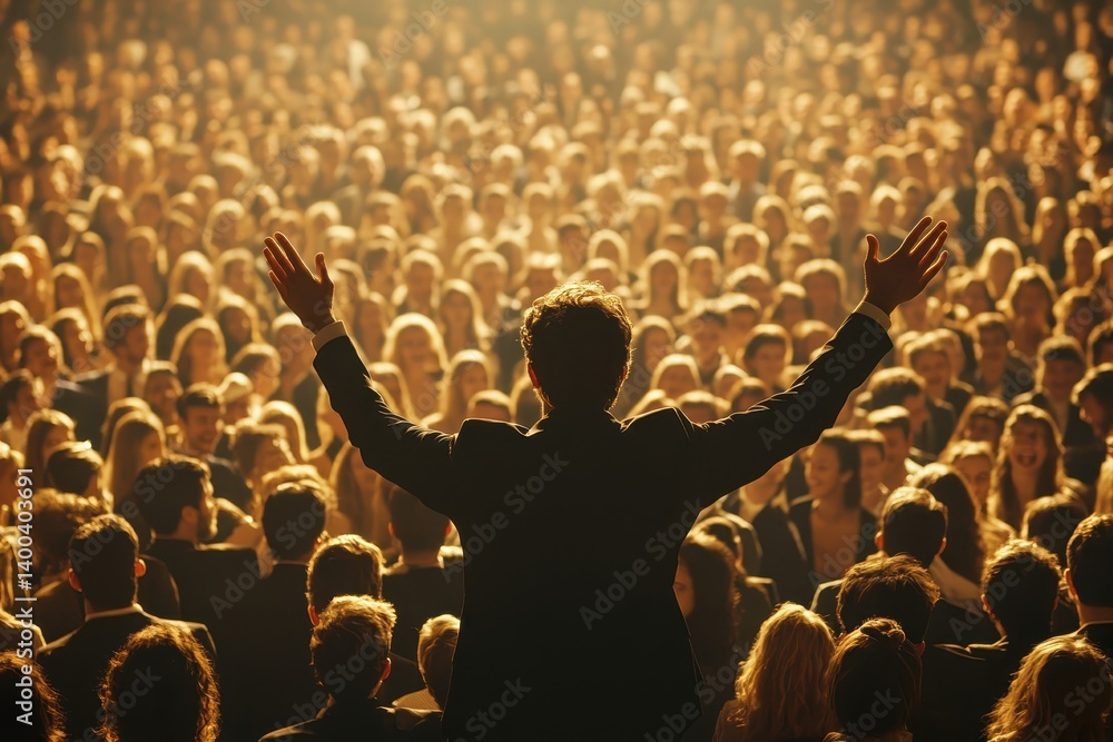 Aufkleber Speaker engages audience during a conference presentation in a large auditorium filled with attentive listeners in the evening