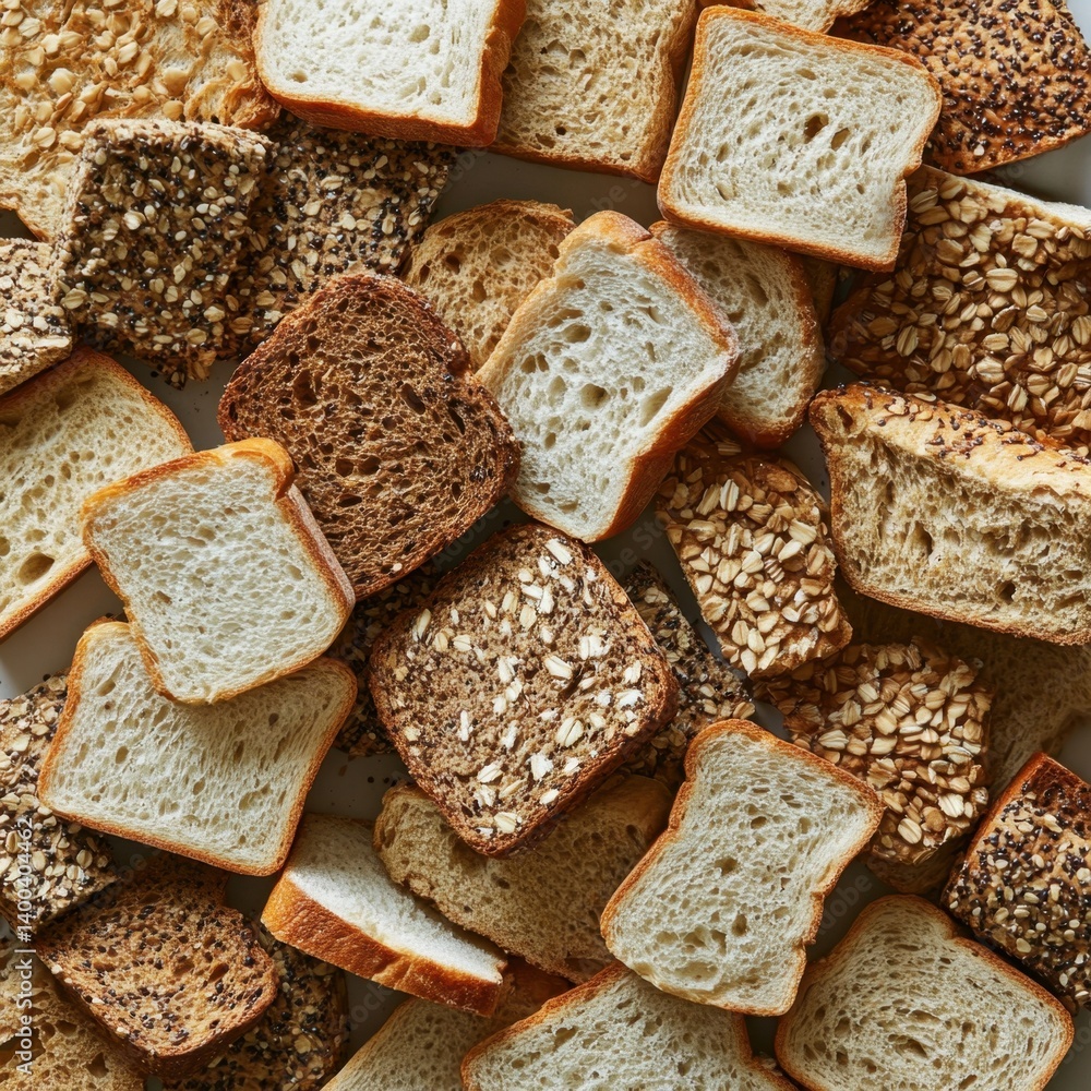 Poster assortment of sliced bread varieties displaying texture and grain detail in a natural light flat lay