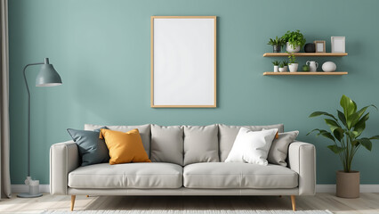 A minimalist living room arrangement showcasing a modern sofa with contrasting throw pillows