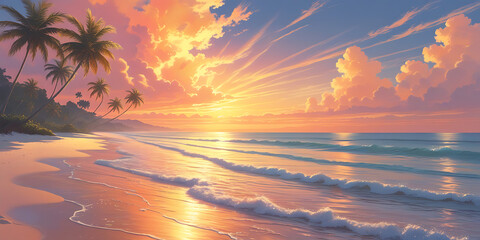 Serene beach at sunset with vibrant pink and orange skies and silhouetted palm trees