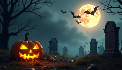 Halloween sale banner. Dark Halloween background with jack-o’-lantern and bats flying in moonlit graveyard