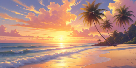 Vibrant beach at sunset with pink and orange skies and silhouetted palm trees