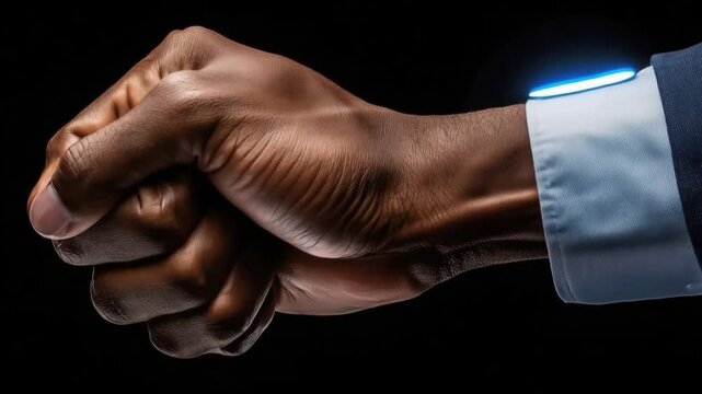 Close-Up of a Clenched Fist Symbolizing Strength, Determination, and Resilience Against a Black Background