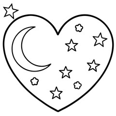 Heart-Shaped Line Art with Moon and Stars
