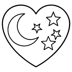 Heart-Shaped Line Art with Moon and Stars
